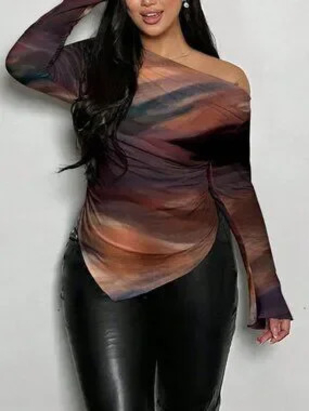 ZARA Multicolor Casual Women's Trim Ruched Slim Fit Tie-Dye Top